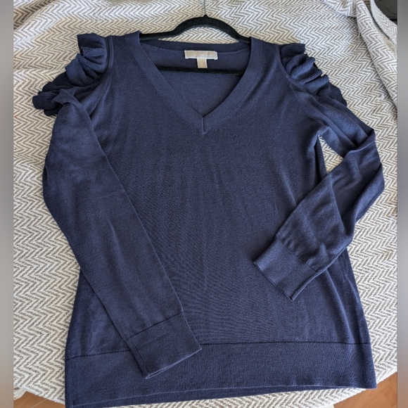 Michael Kors Navy V-Neck Sweater with Ruffled Sleeves - Picture 5 of 8